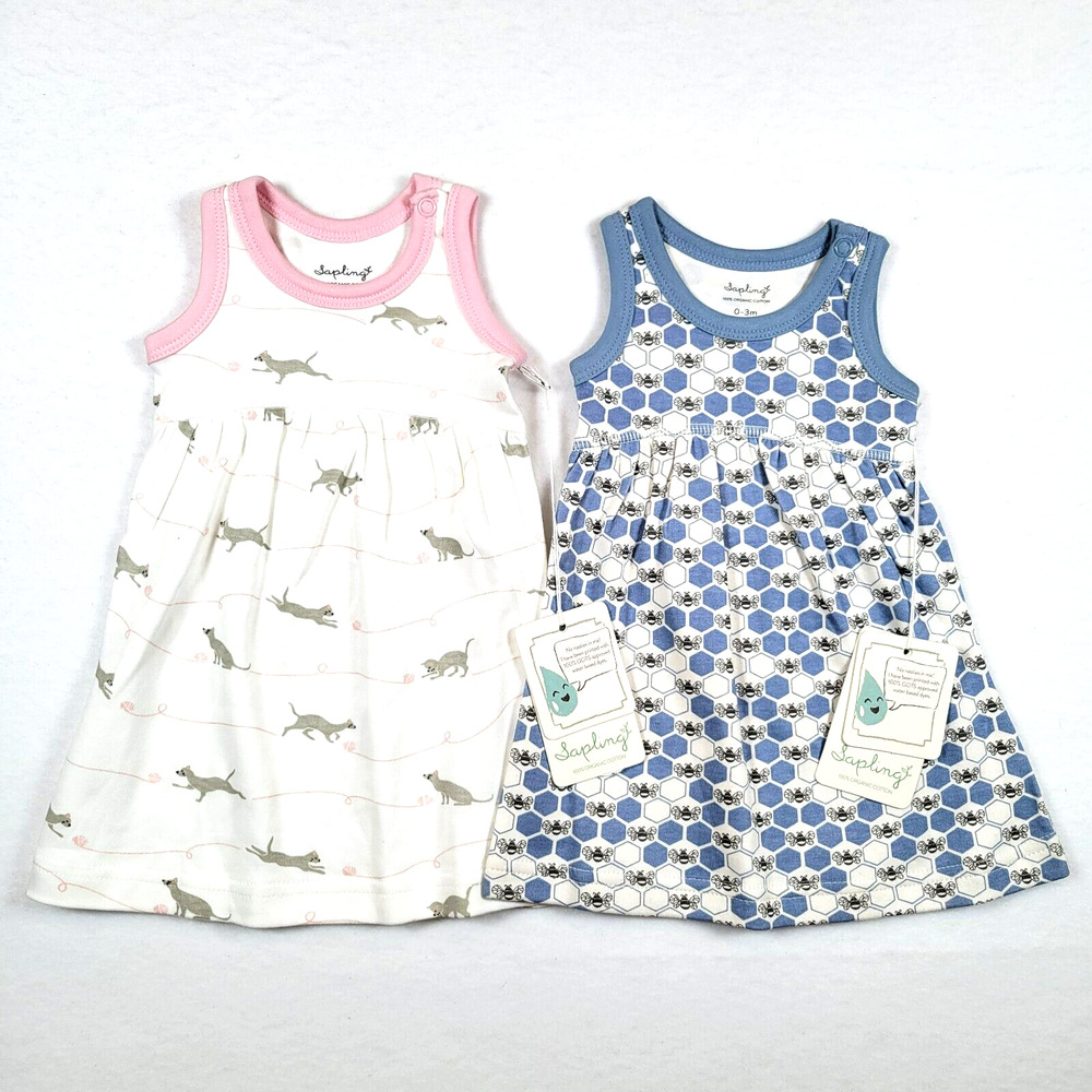 Sapling Baby Girls Animal Tank Dress Size 0-3mos White Blue Pink Organic Cotton